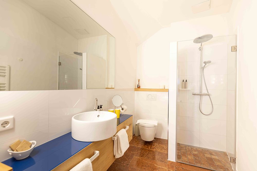 Blick auf ein Badezimmer des Hotels mit Waschbecken und Dusche