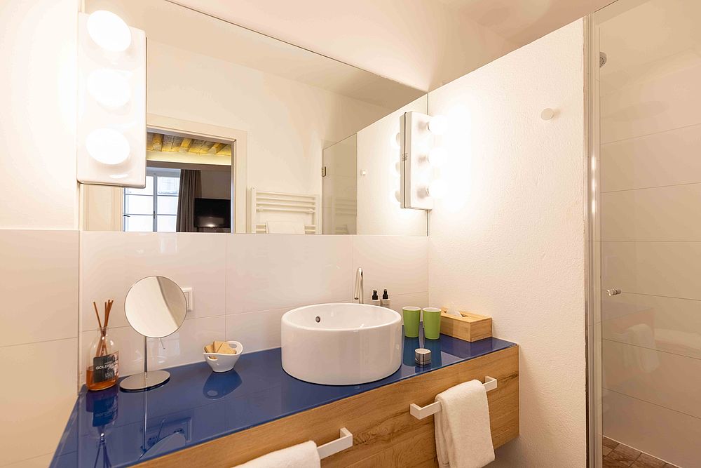 Ein Badezimmer im Hotel Goldgasse mit Blick auf das Waschbecken und die Dusche